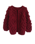 Women's Burgundy Heart Pattern Bobble Crochet Cardigan