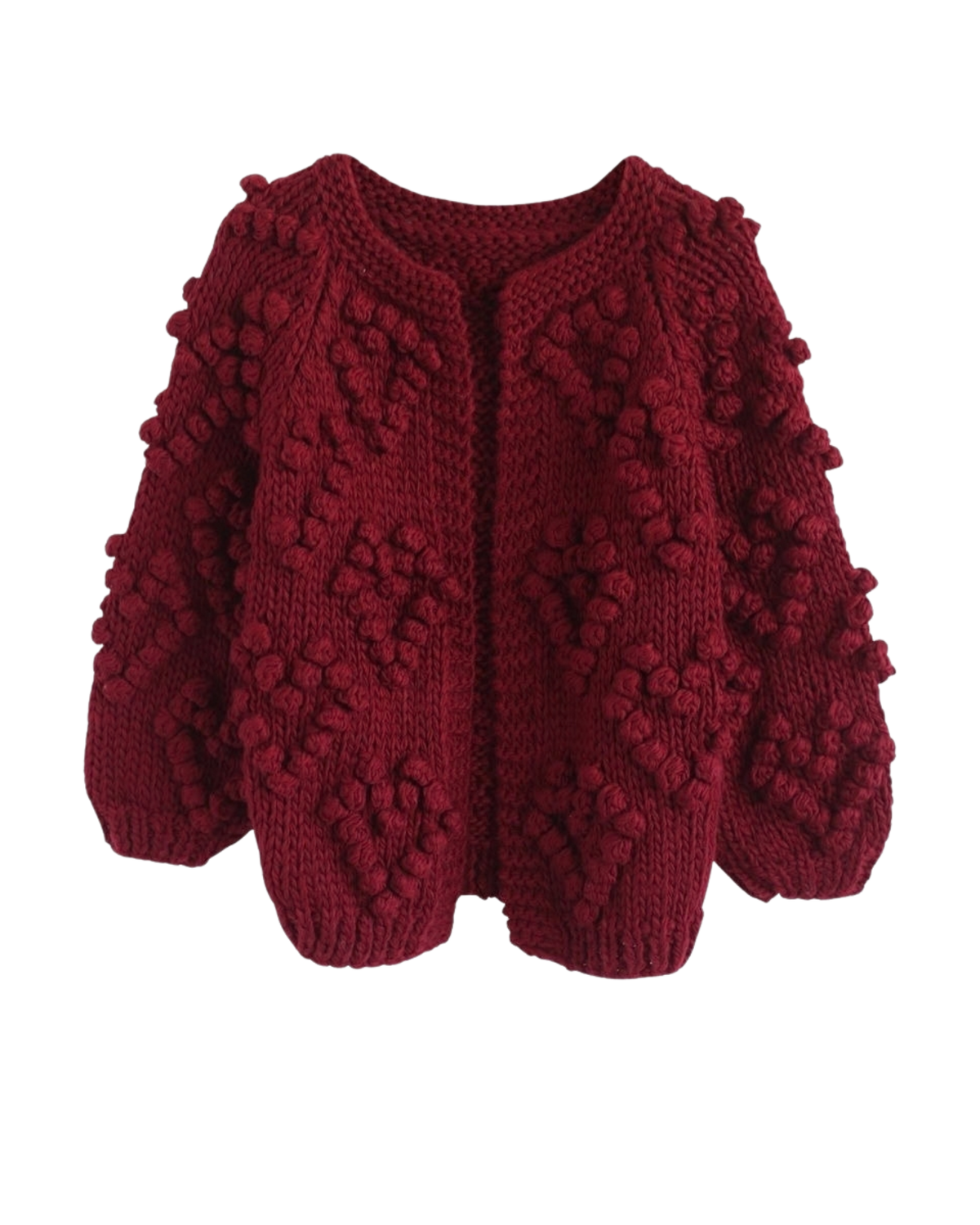 Women's Burgundy Heart Pattern Bobble Crochet Cardigan