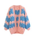 Women's Peach and Blue Colorblock Bubble Crochet Cardigan