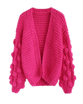 Women's Hot Pink Bobble Sleeve Chunky Crochet Cardigan