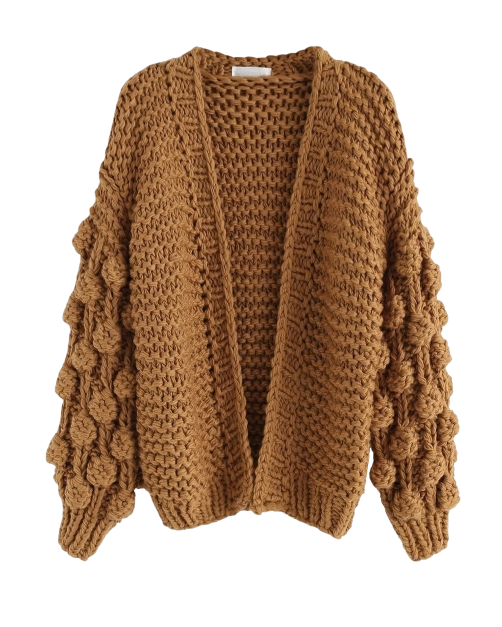 Women's Camel Bobble Sleeve Chunky Crochet Cardigan