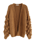 Women's Camel Bobble Sleeve Chunky Crochet Cardigan