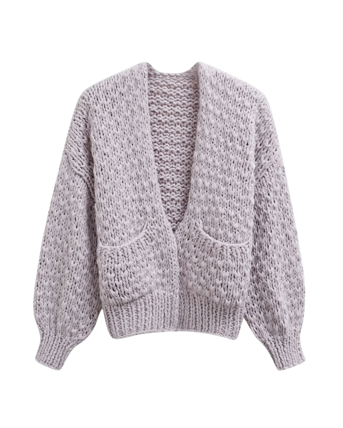 Women's Lilac Textured Crochet V-Neck Cardigan with Pockets
