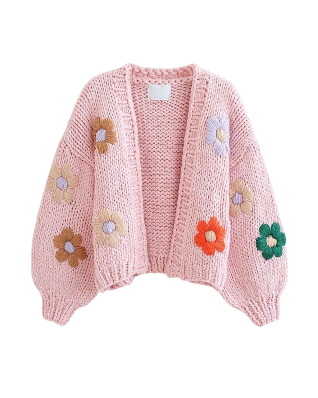 Women's Pink Floral Appliqué Chunky Crochet Cardigan