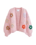 Women's Pink Floral Appliqué Chunky Crochet Cardigan