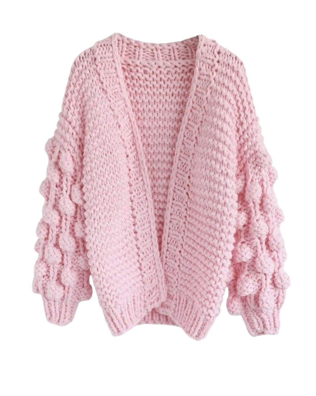 Women's Light Pink Bobble Sleeve Chunky Crochet Cardigan