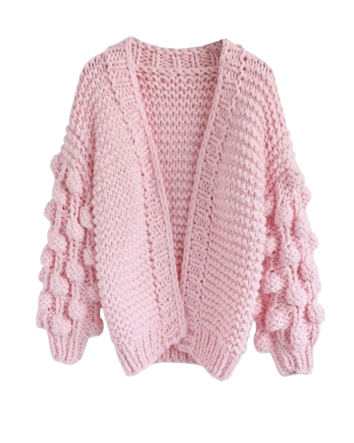 Women's Light Pink Bobble Sleeve Chunky Crochet Cardigan