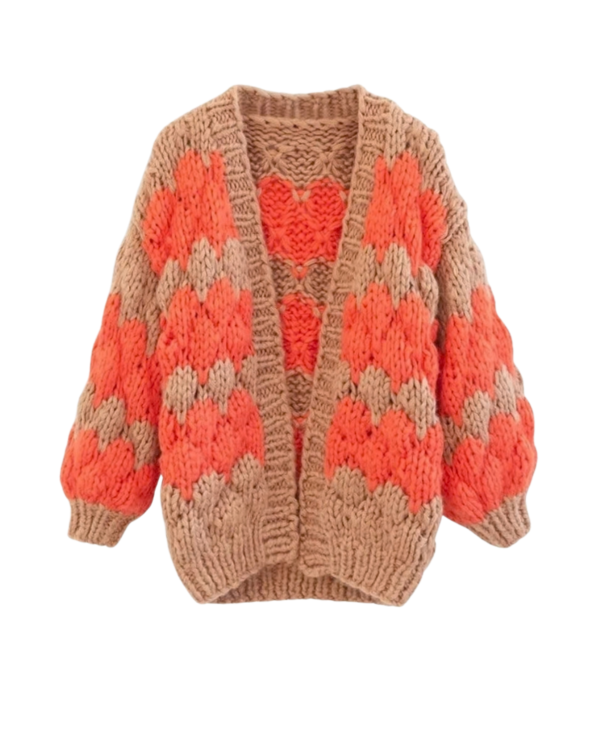 Women's Orange and Camel Heart Pattern Chunky Crochet Cardigan