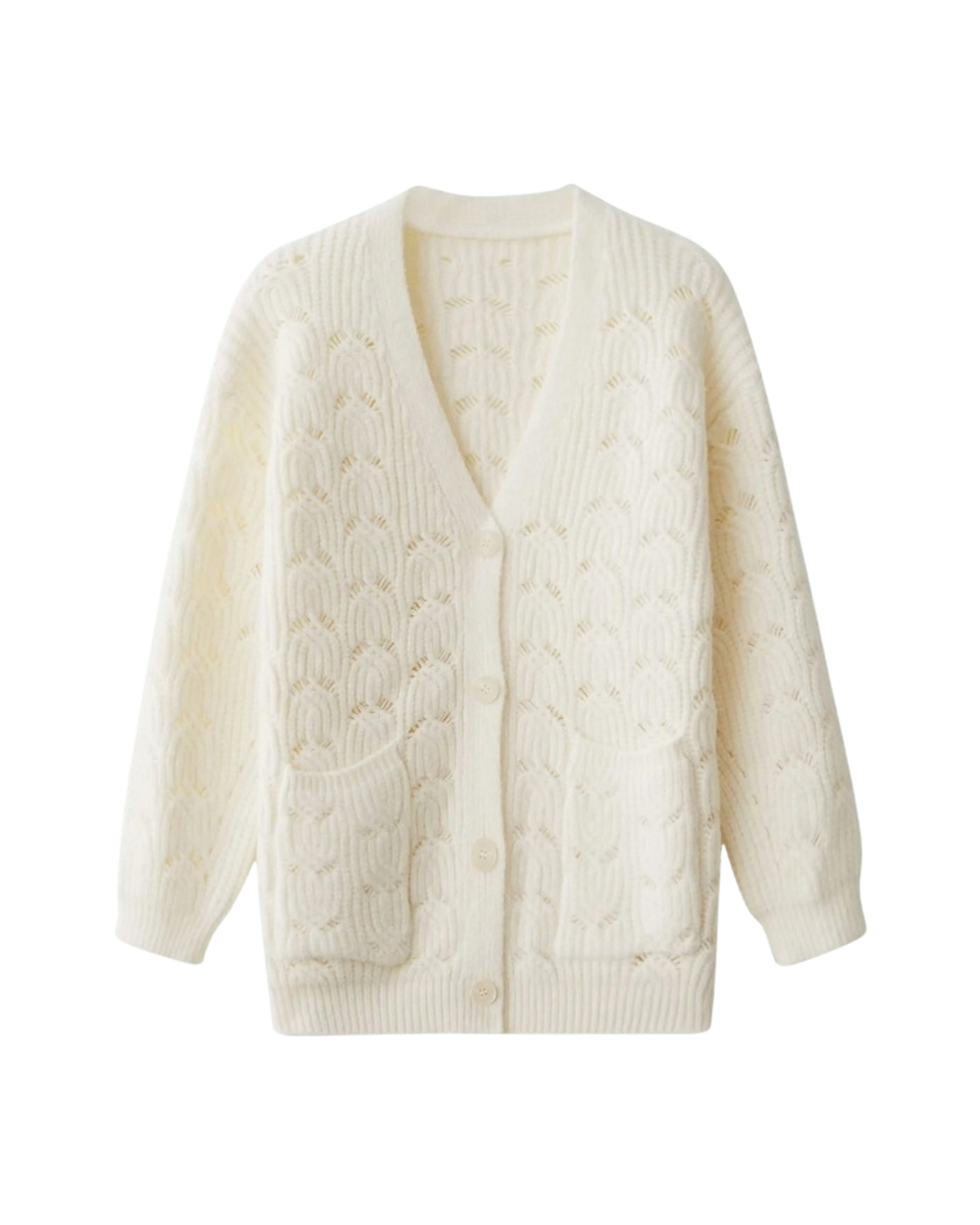 Women's Cream Fuzzy Crochet V-Neck Button Cardigan with Pockets