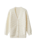 Women's Cream Fuzzy Crochet V-Neck Button Cardigan with Pockets