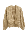 Women's Sand Beige Textured Crochet Cardigan with Pockets
