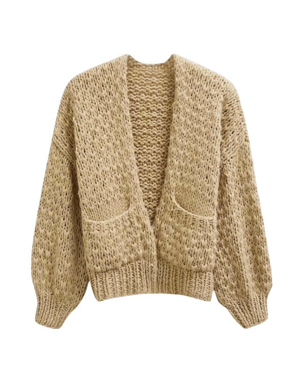 Women's Sand Beige Textured Crochet Cardigan with Pockets