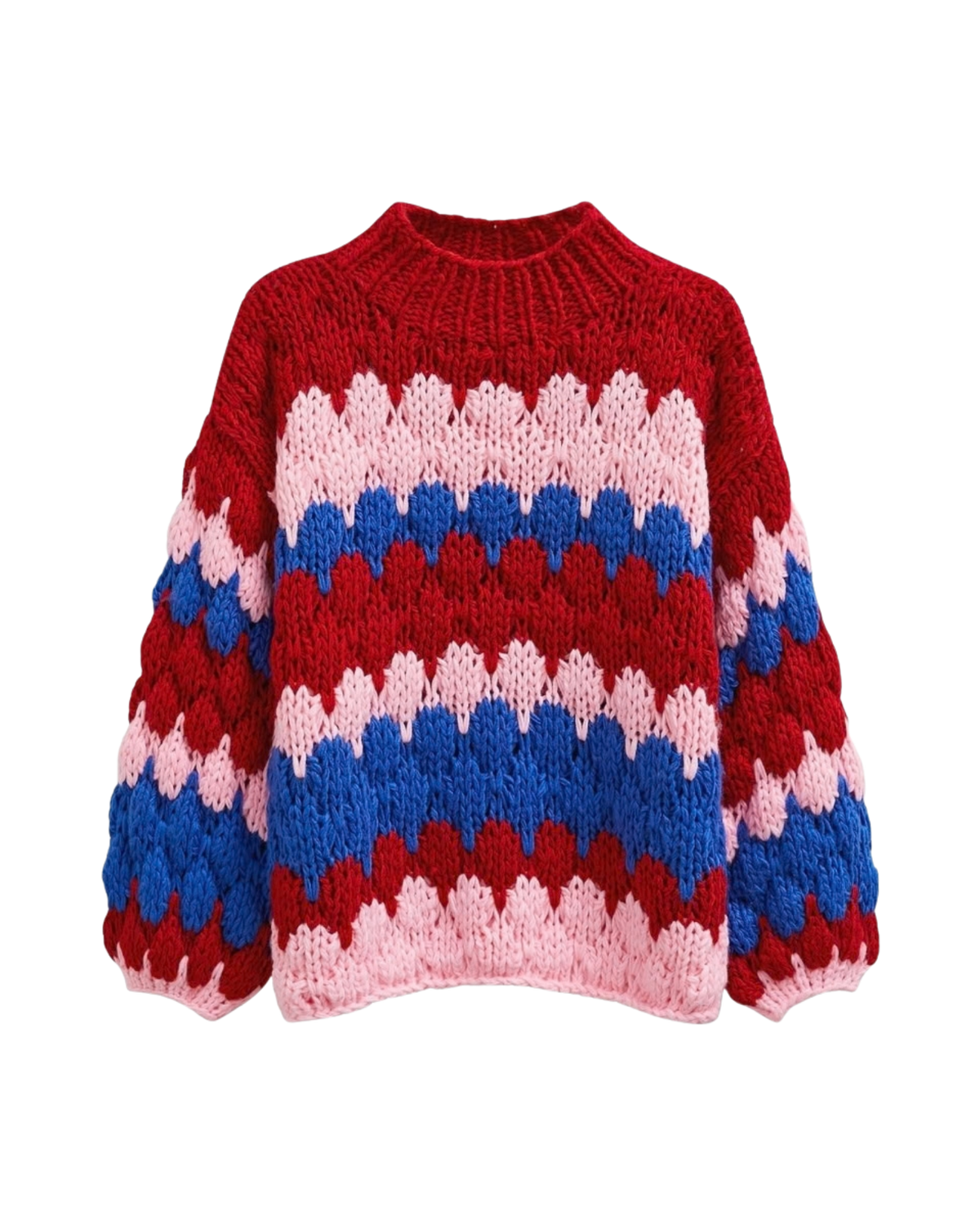 Women's Red, Blue and Pink Striped Chunky Crochet Sweater