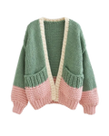 Women's Green and Pink Colorblock Chunky Crochet Cardigan with Pockets