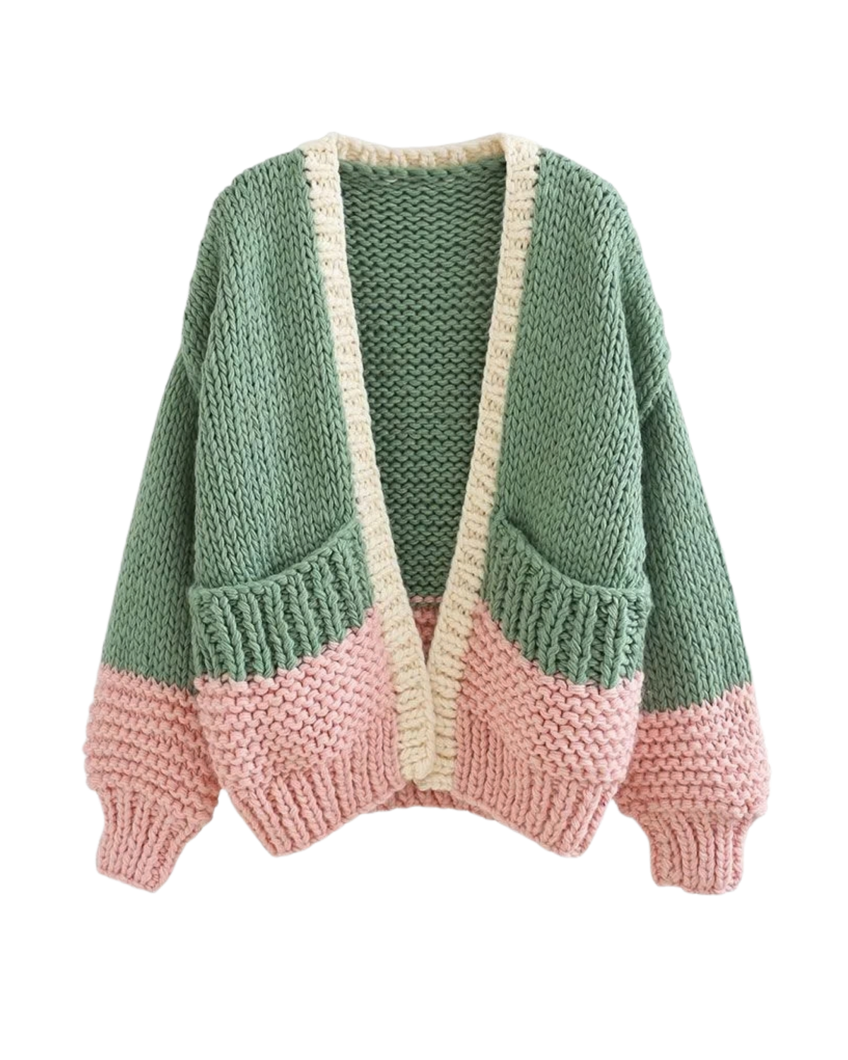 Women's Green and Pink Colorblock Chunky Crochet Cardigan with Pockets