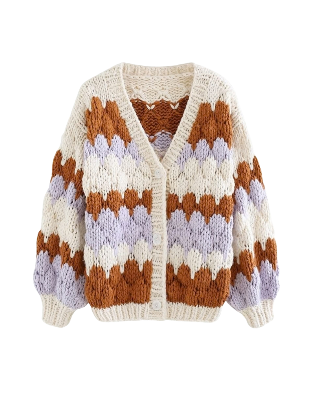 Women's Cream, Rust and Lavender Striped Crochet V-Neck Button Cardigan