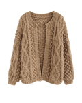 Women's Camel Cable and Popcorn Crochet Open-Front Cardigan
