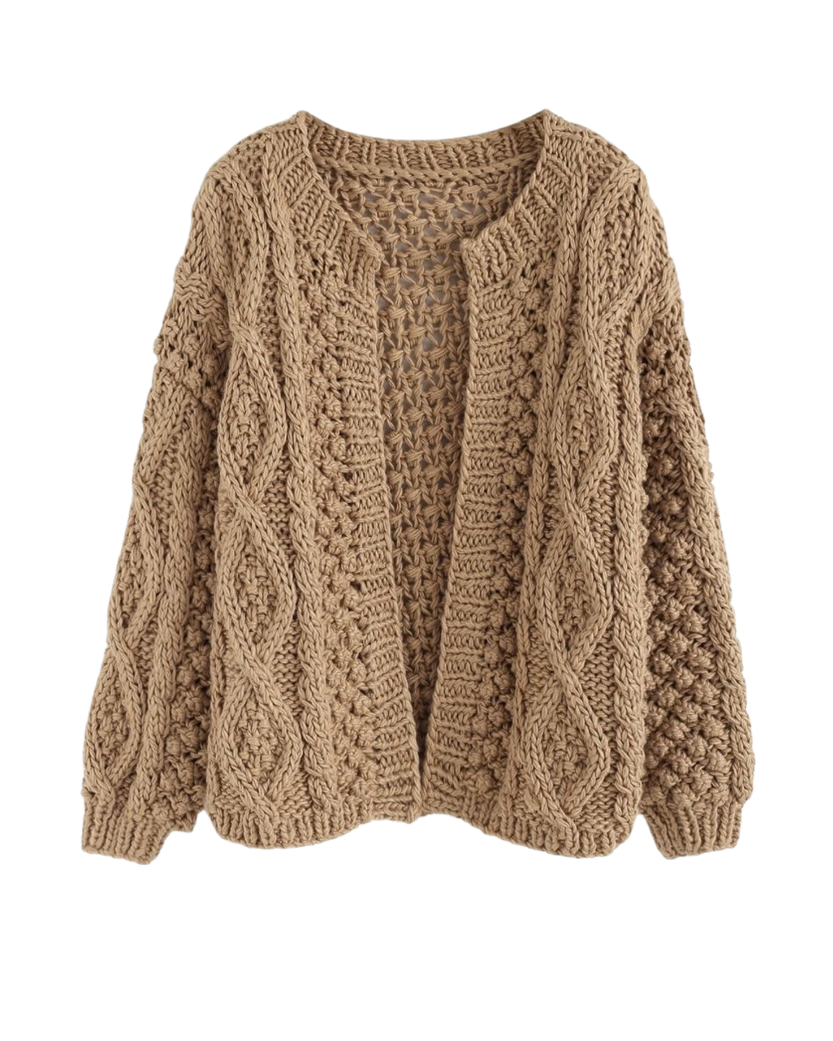 Women's Camel Cable and Popcorn Crochet Open-Front Cardigan