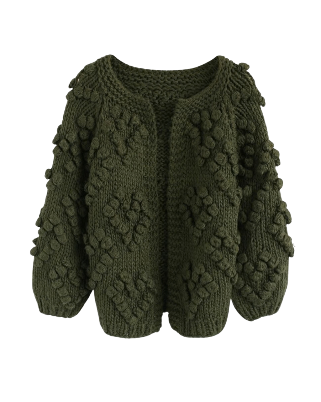 Women's Olive Green Heart Pattern Bobble Crochet Cardigan