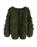 Women's Olive Green Heart Pattern Bobble Crochet Cardigan