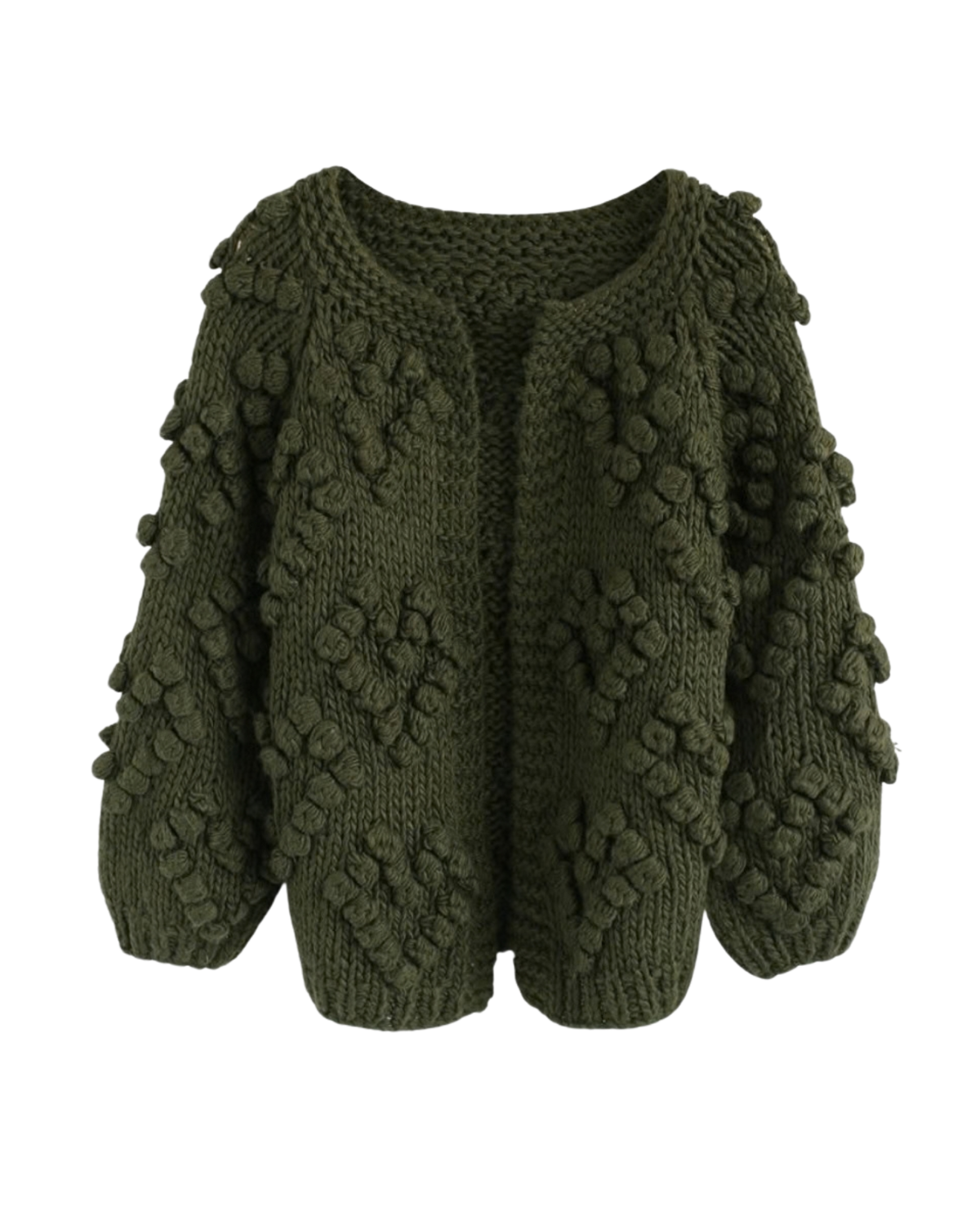 Women's Olive Green Heart Pattern Bobble Crochet Cardigan