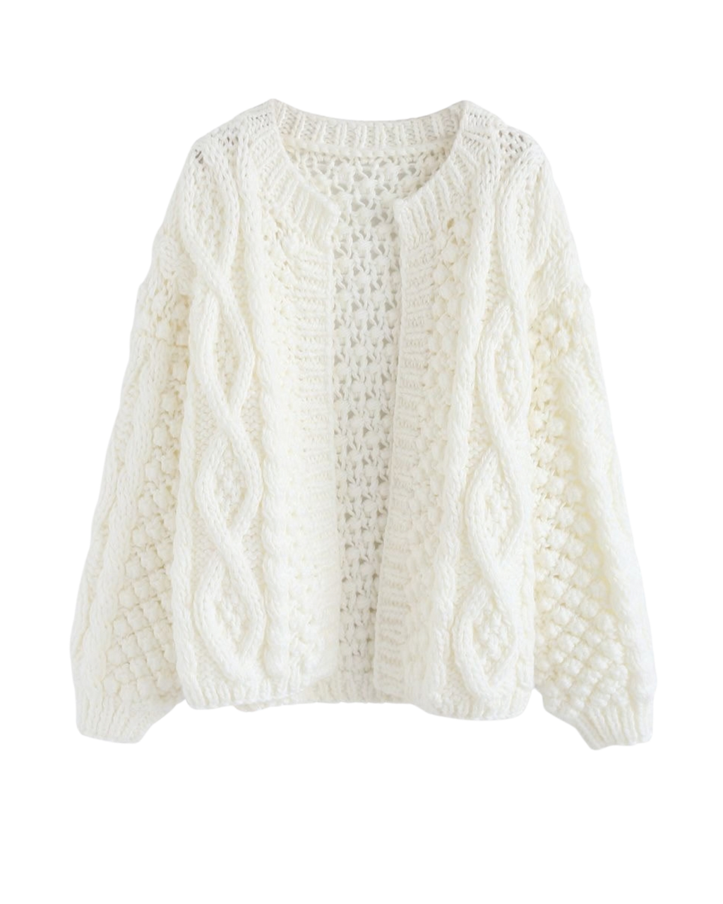 Women's White Cable and Popcorn Crochet Open-Front Cardigan
