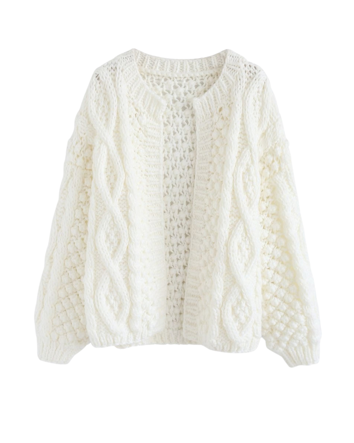 Women's White Cable and Popcorn Crochet Open-Front Cardigan