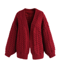 Women's Burgundy Cable Crochet Open-Front Cardigan