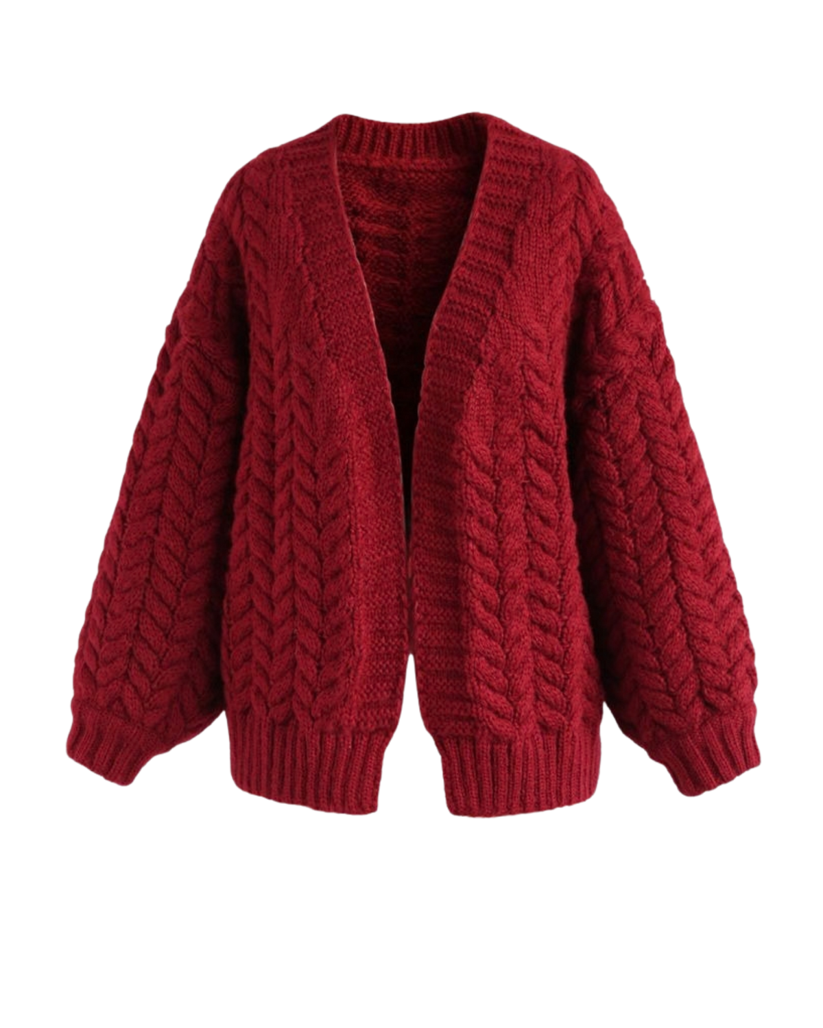 Women's Burgundy Cable Crochet Open-Front Cardigan
