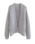 Women's Light Grey Chunky Crochet Open-Front Cardigan with Pockets