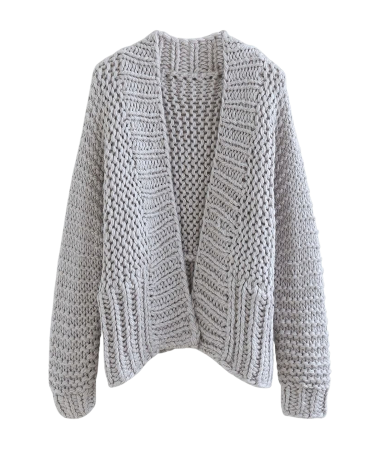 Women's Light Grey Chunky Crochet Open-Front Cardigan with Pockets