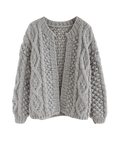 Women's Grey Cable and Popcorn Crochet Open-Front Cardigan