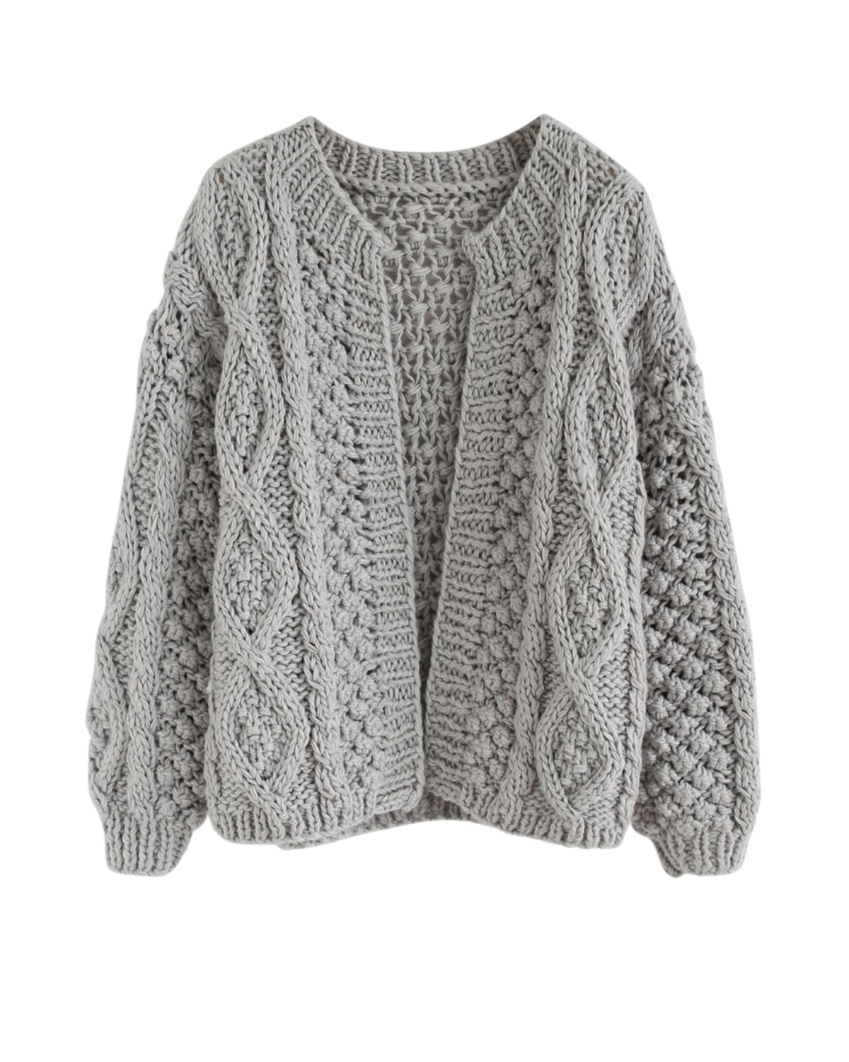 Women's Grey Cable and Popcorn Crochet Open-Front Cardigan