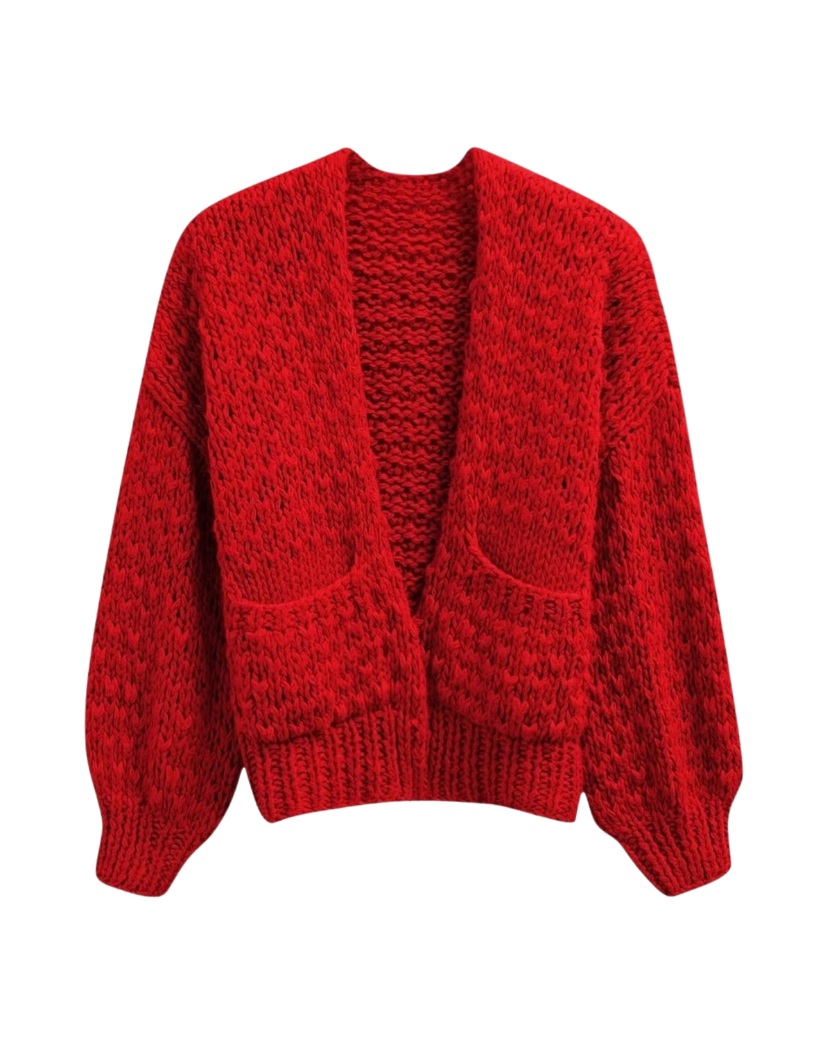 Women's Red Chunky Crochet Open-Front Cardigan with Pockets