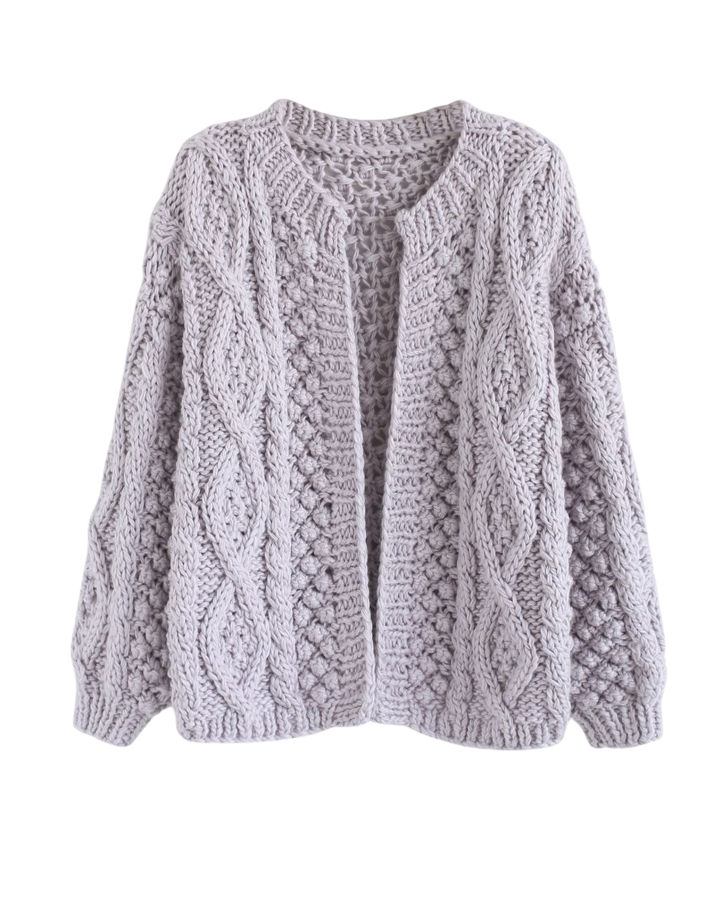 Women's Lilac Cable and Popcorn Crochet Open-Front Cardigan