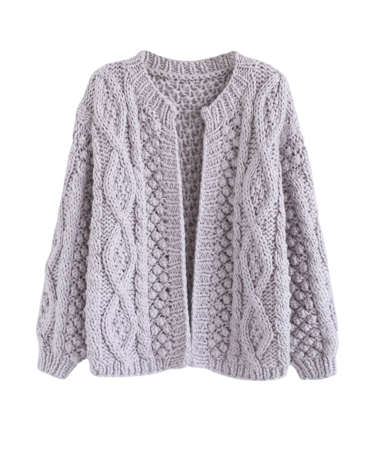 Women's Lilac Cable and Popcorn Crochet Open-Front Cardigan