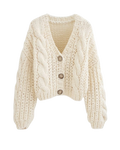 Women's Cream Cable Crochet Cropped V-Neck Cardigan