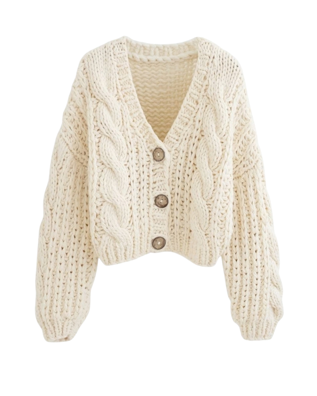 Women's Cream Cable Crochet Cropped V-Neck Cardigan