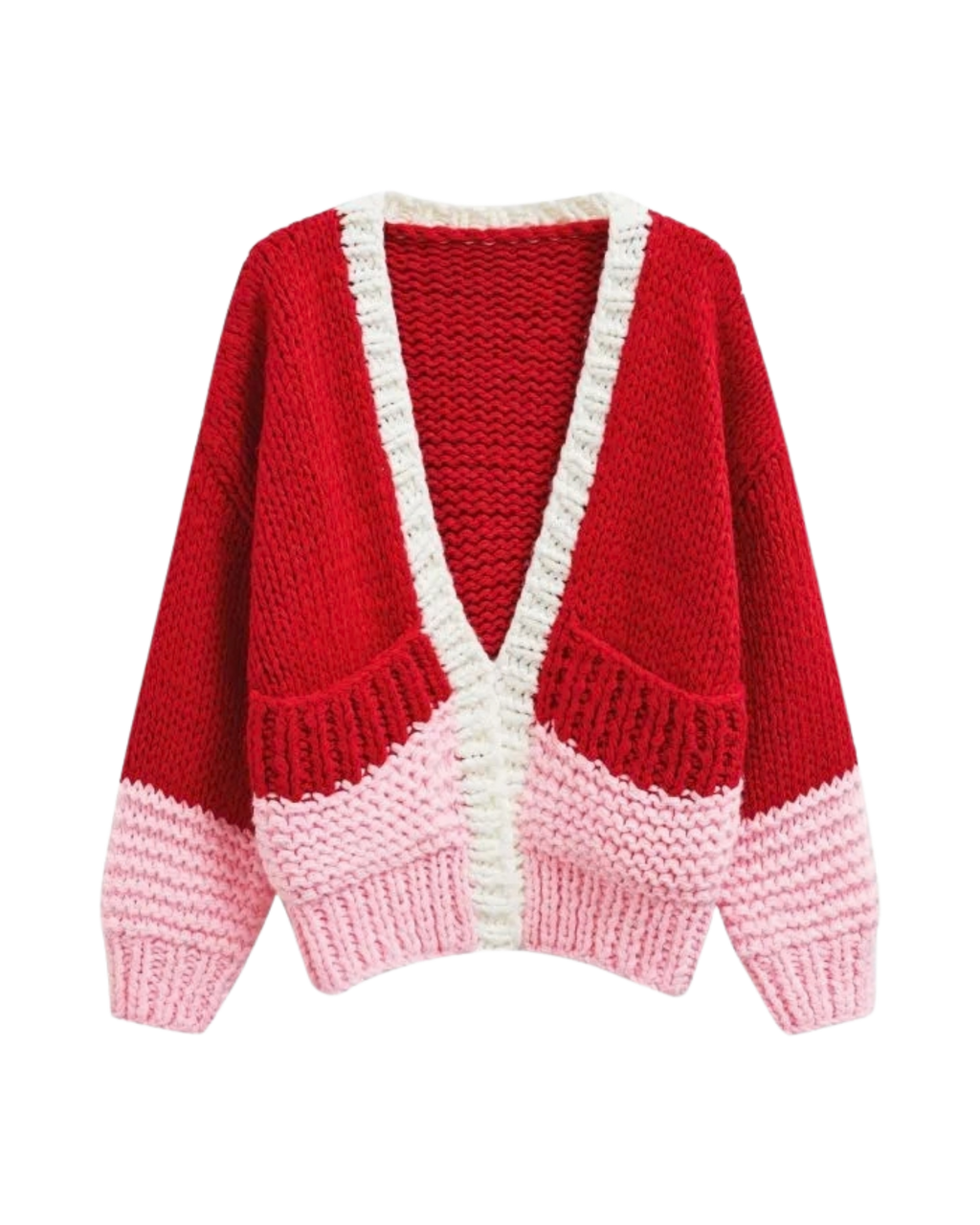Women's Red and Pink Colorblock V-Neck Chunky Crochet Cardigan with Pockets