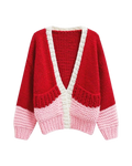 Women's Red and Pink Colorblock V-Neck Chunky Crochet Cardigan with Pockets