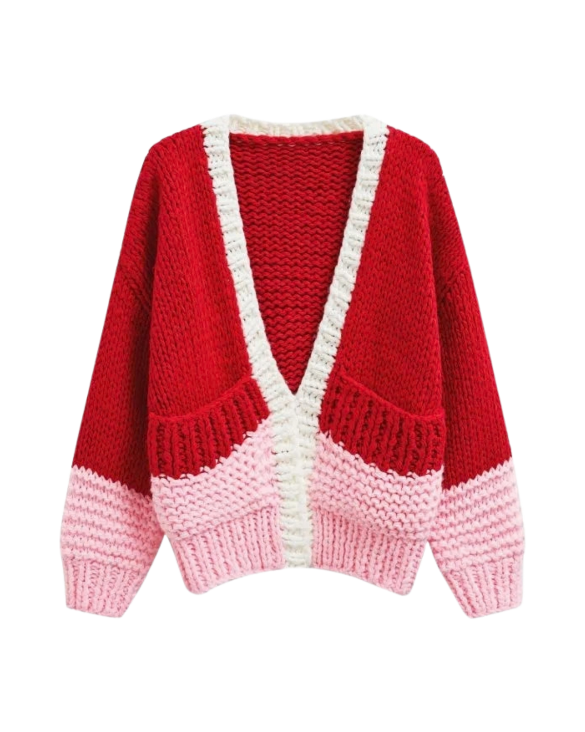 Women's Red and Pink Colorblock V-Neck Chunky Crochet Cardigan with Pockets