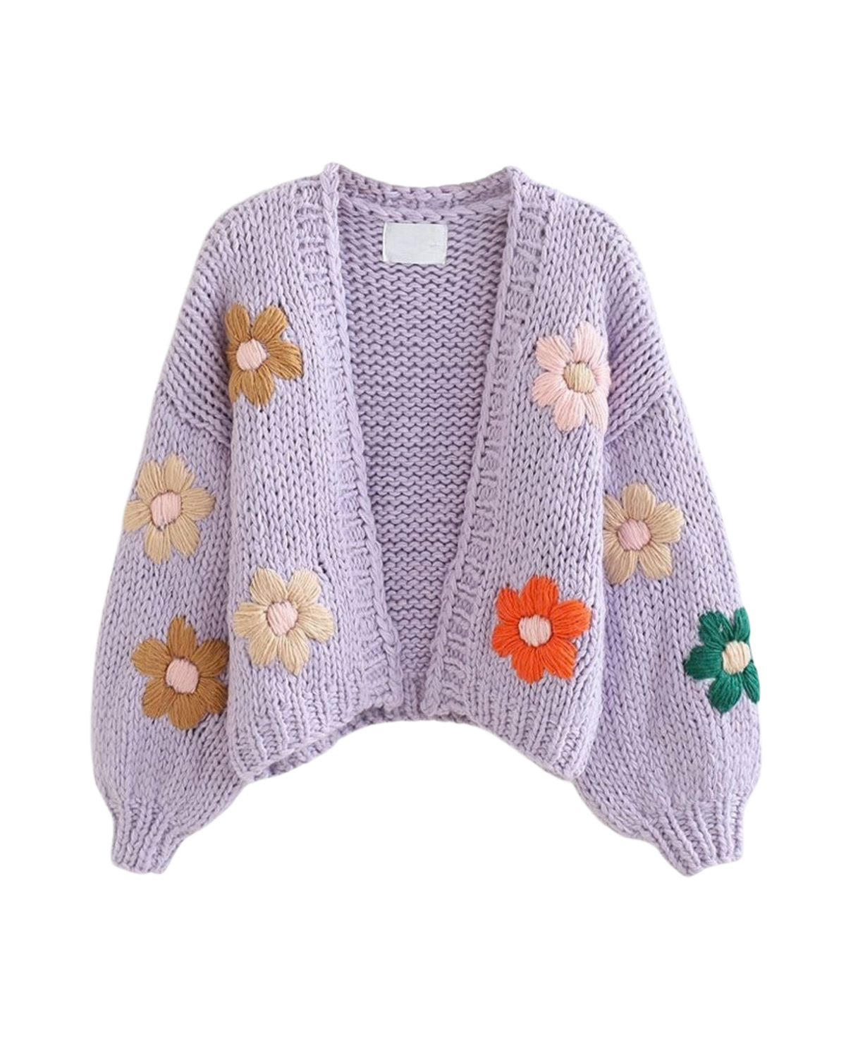 Women's Lilac Floral Appliqué Chunky Crochet Cardigan