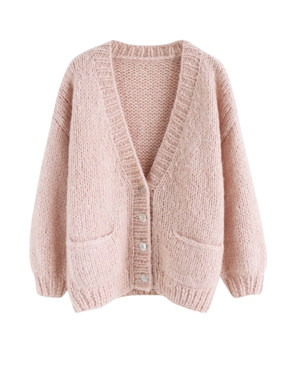 Women's Blush Pink V-Neck Button Crochet Cardigan with Pockets