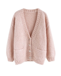 Women's Blush Pink V-Neck Button Crochet Cardigan with Pockets