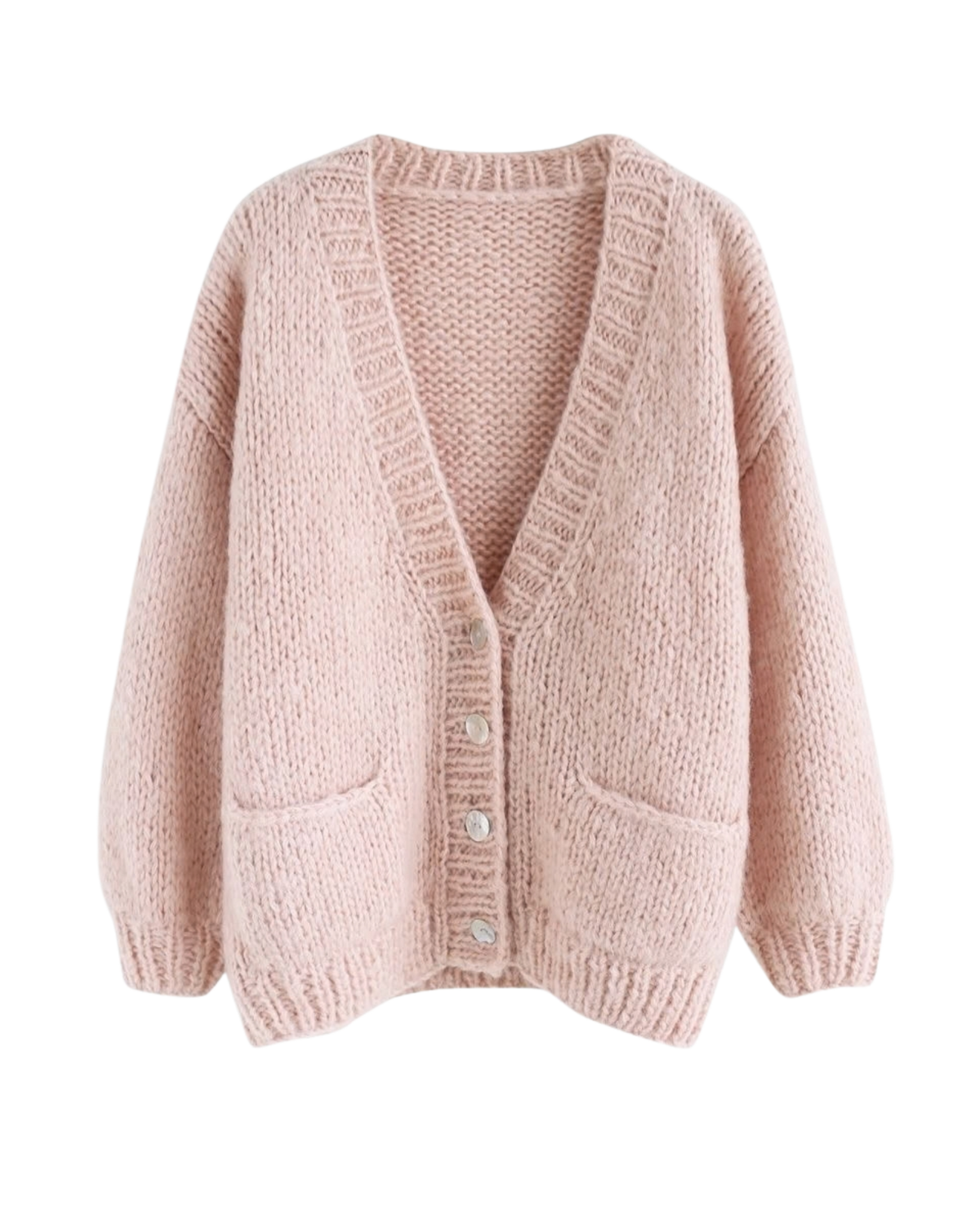 Women's Blush Pink V-Neck Button Crochet Cardigan with Pockets