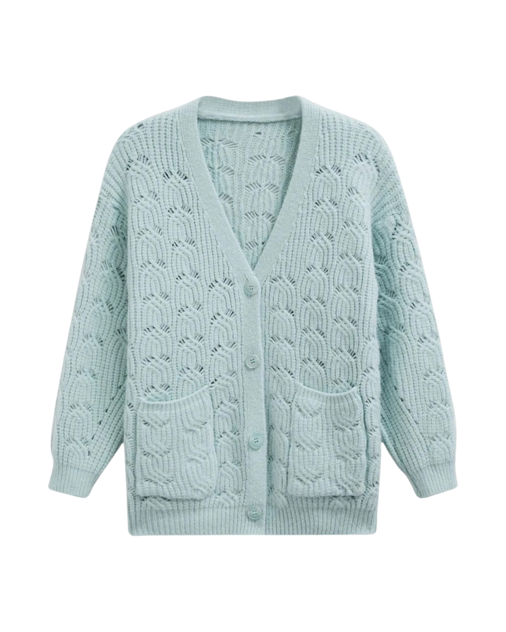 Women's Mint Green Pointelle Crochet V-Neck Cardigan with Pockets