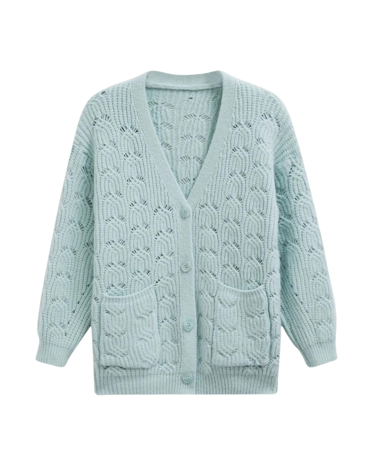 Women's Mint Green Pointelle Crochet V-Neck Cardigan with Pockets