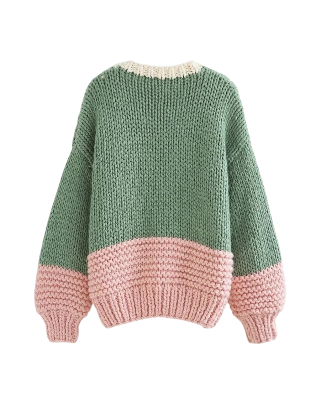 Women's Green and Pink Colorblock Chunky Crochet Cardigan with Pockets