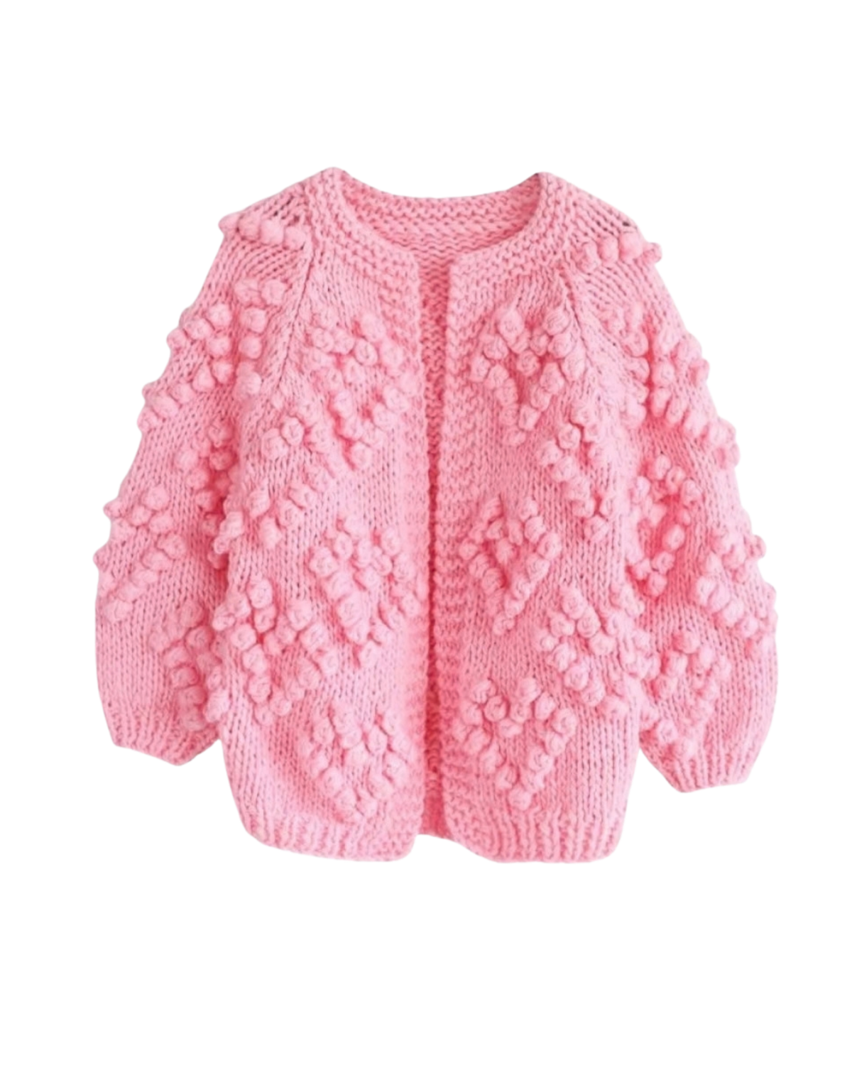 Women's Pink Heart Pattern Bobble Crochet Cardigan