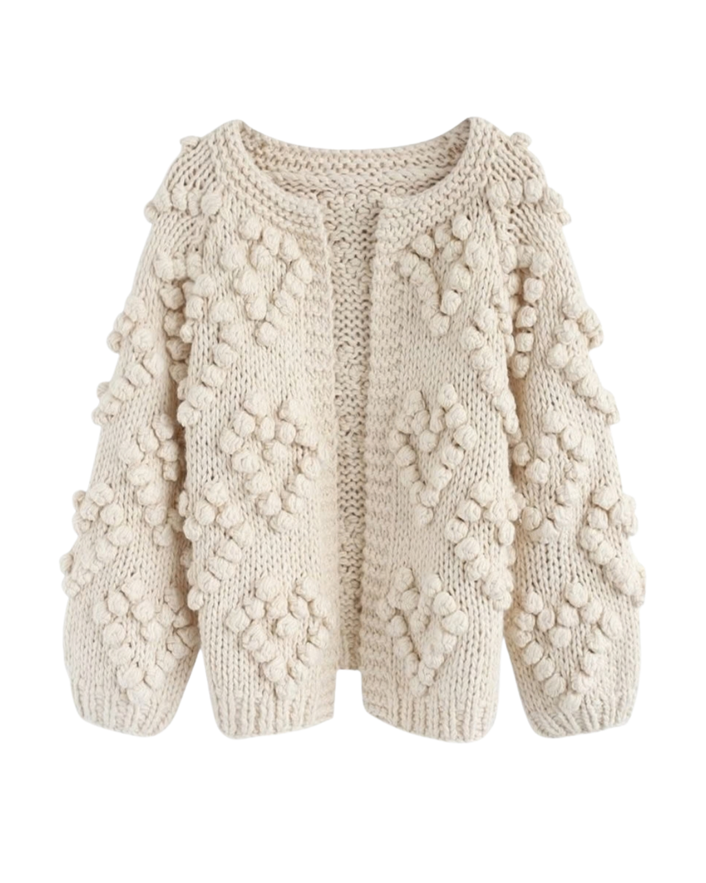 Women's Cream Heart Pattern Bobble Crochet Cardigan
